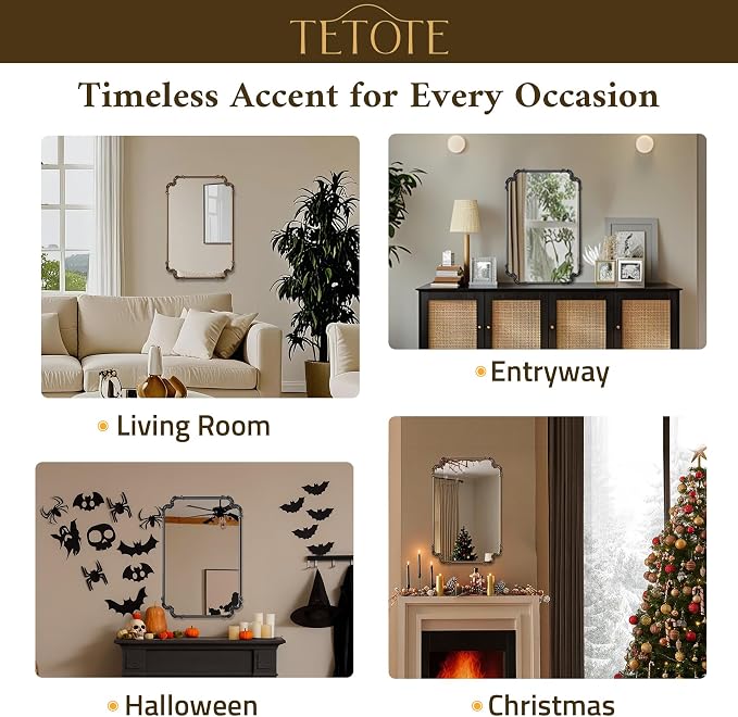 TETOTE Antique Black Rectangle Mirror for Mantle Fireplace 30 x 36 Baroque Vintage Ornate Scroll Wall Mirror with Metal Frame for Traditional Victorian French Decor, Horizontal/Vertical