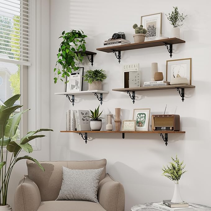 RICHFOCUS Floating Shelves for Wall Decor, 39.4W x 8D Shelves Set of 2, 8 Inch Deep Rustic Wood Shelves Wall Mounted with Brackets, Long Floating Shelves for Living Room Bedroom Kitchen, Grey