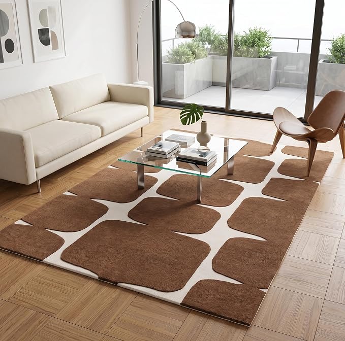 Restoration and Renovation Modern Wool Area Rug - Contemporary Abstract Geometric Design, Thick & Soft Hand-Tufted Carpet - Ideal for Indoor Decor in Living Room, Bedroom (Brown, 2.6' x 8')