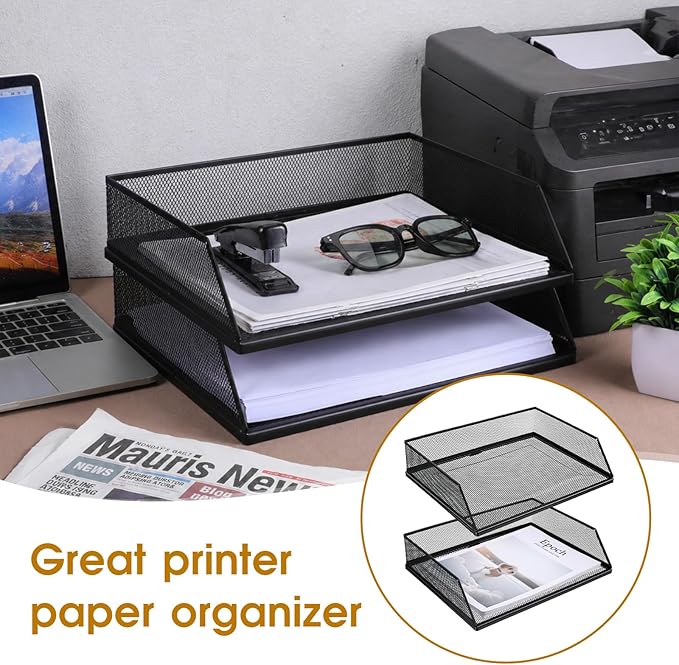 2 Pack Wire Mesh Letter Trays Paper Tray, 2-Tier Metal Mesh Desktop Organizer, Stackable Metal Front-Load Documents Tray, File Folder Sorter Organizer for Office Home(Transverse)