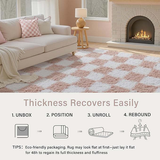 Checkered Rug 7x10 for Living Room, Pink and White Modern Shag Rug Washable Non-Slip Large Area Rug Super Soft Indoor Fuzzy Carpet Fluffy Rugs for Bedroom Home Aesthetic Decor