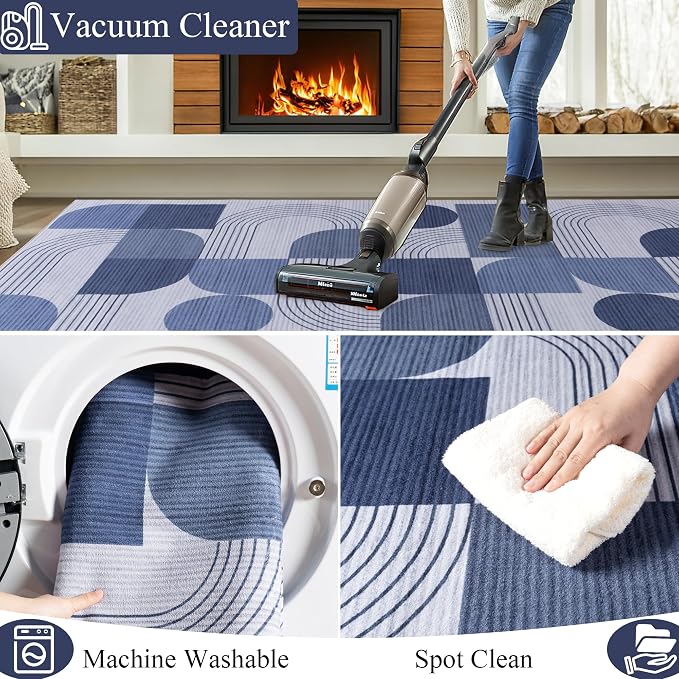 Large Machine Washable 6x9 Area Rug, Soft Modern Geometric Abstract Blue Rugs for Bedroom Living Room, Non-Shedding Faux Wool Indoor Throw Floor Carpet for Office Entryway Dining Room Decor