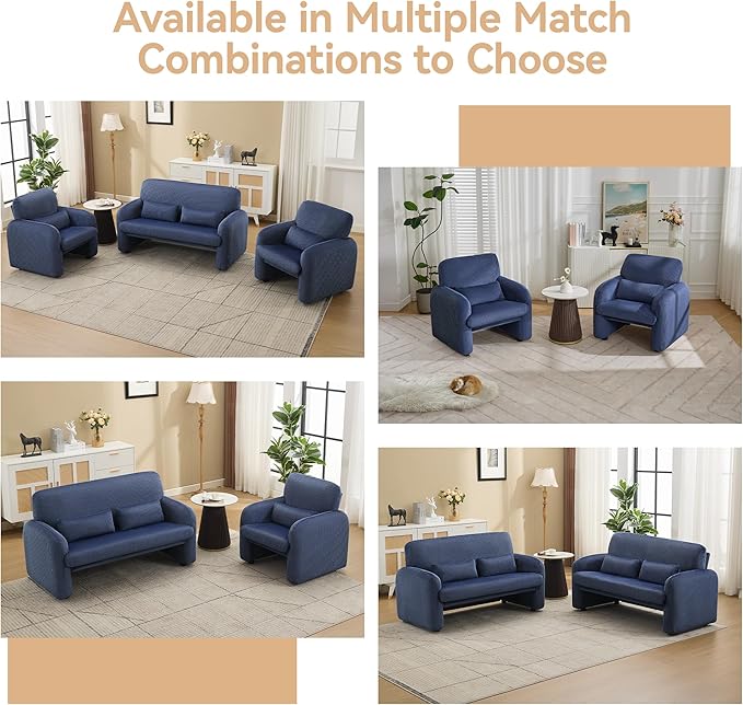 Corduroy Accent Living Room Sets, Modern Upholstered Love Seat with 2 Accent Chairs, Wide Comfy Leisure Chair Sets for Bedroom, Office, Blue