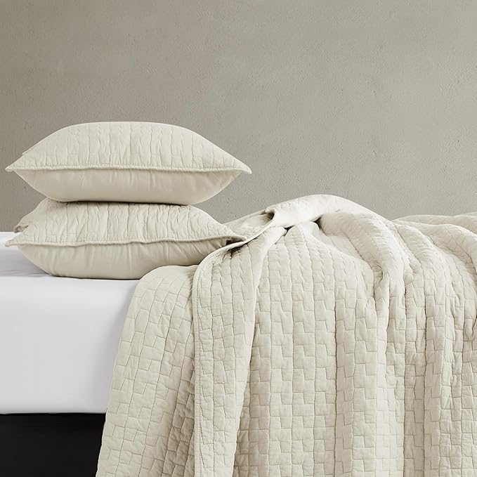 palassio Beige 100% Cotton Quilt Queen Size Bedding Sets with 2 Pillow Shams, Textured Lightweight Soft Bedspread Shabby Chic Coverlet, Neutral Quilted Comforter Bed Cover for All Season, 3 Pieces