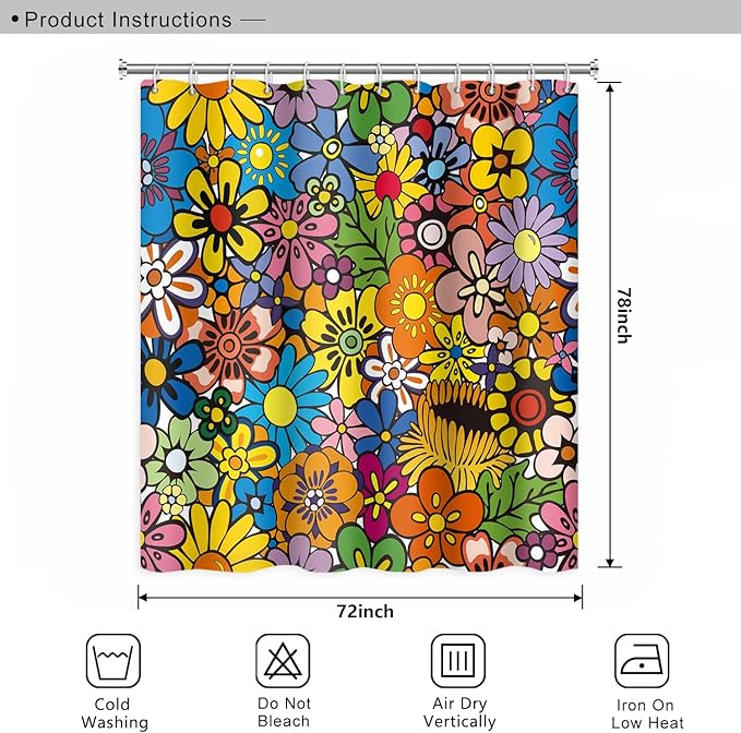 Bohemia Colorful Flowers Bathroom Shower Curtain Funky Retro Hippie 60s 70s Aesthetic Washable Polyester Durable Fabric Home Shower Curtain with Hooks, 72x78 Inch