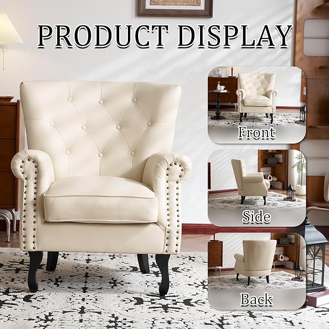 Modern Faux Leather Accent Chair, Upholstered Mid-Century Armchair with Solid Wood Legs, Single Sofa Chair for Living Room, Bedroom, or Reading Room(Ivory White)