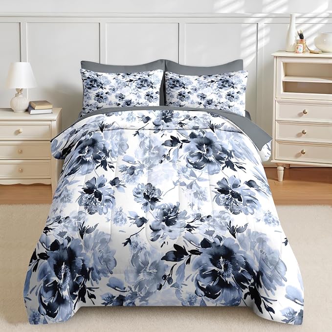 Nesker Comforter Set Queen Size, Navy Blue Floral 7 Pcs Bedding for Kids and Adults, Blue White Abstract Bed Sheet Sets with Fitted Sheet 2 Pillowcases & 2 Shams