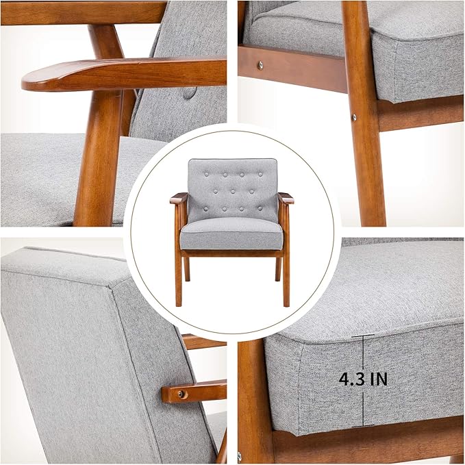 UNICOO® Mid-Century Retro Modern Accent Chairs, Solid Wood Armrest Lounge, Upholstered Mid Century Modern Chair, Walnut Finish with Innerspring Seat Cushion, Linen-Look Fabric (U205-1-GY)