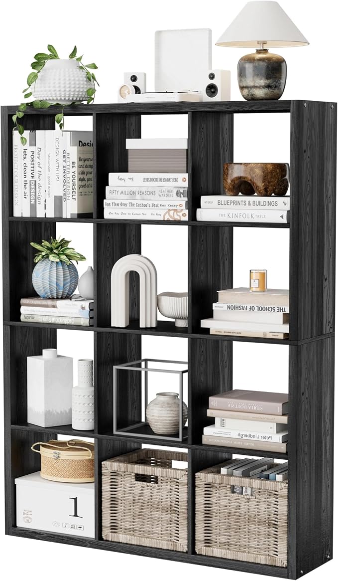 12-Cube Storage Organizer, Wooden Cube Shelf Bookcase with Reinforced Thick Shelves, Heavy-Duty 36.93" L x 9.37" W x 48.82" H, for Living Room Bedroom Home Office, Black