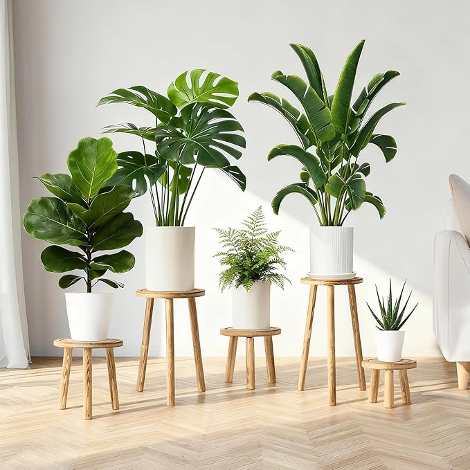5-Pack Wood Plant Stands Indoor, Single Plant Stand for 6-22 Inch Pots, Mid-Century Modern Plant Stool, Tall Plant Stand for Large Plants Perfect Fit for Living Room, Balcony, Office (Light Brown)