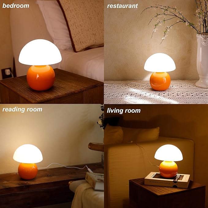 Small Mushroom Lamp,USB-Plug in Bedside Table Lamps with 3-Temperature LED Bulb Dimmable,Unique Cute Aesthetic Home Decor for Living Room,Bedroom, Modern Ceramic Base Glass Lamp(Orange)