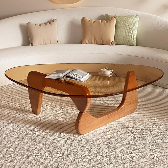 Modern Coffee Table for Living Room, 35.8" Mid Century Center Table,Brown Tempered Glass Triangle Top & Sturdy Solid Legs, Tea Table for Home Office, Easy Assembly