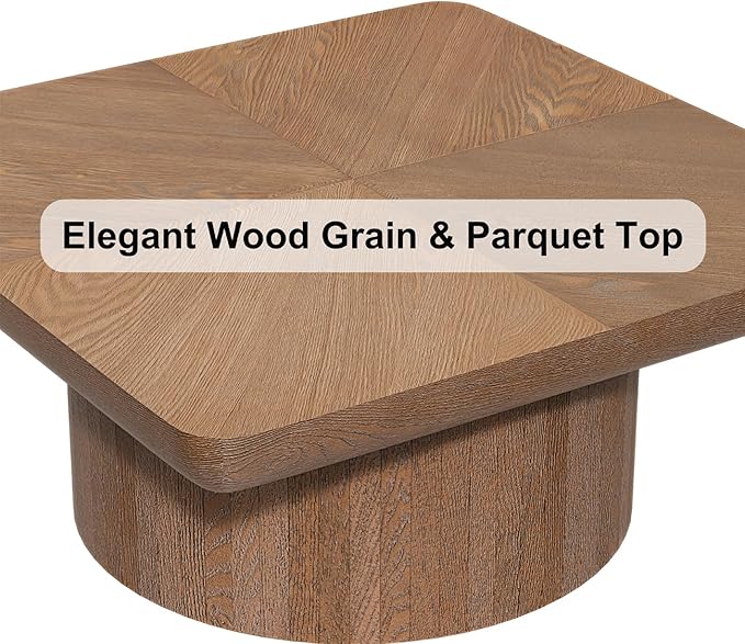 Solid Wood Square Coffee Table with Thick 3.1" Parquet Top & Cylindrical Base, Modern Living Room Coffee Table, Heavy-Duty Wood Center Table, Easy Assembly (34.6" Square Coffee Table)