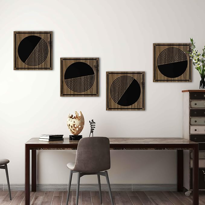 4 Piece Mid Century Modern Wood Wall Art Set, Geometric Boho Patterns for Eclectic and Maximalist Style, Wall Decor for Trendy Rooms