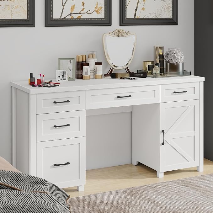 Vabches Farmhouse 61'' Executive Desk with 5 Drawers, Rustic Office Desk Computer Table with File Drawers and Storage Cabinet, Wood Workstation for Study and Home Office,(Cream White)