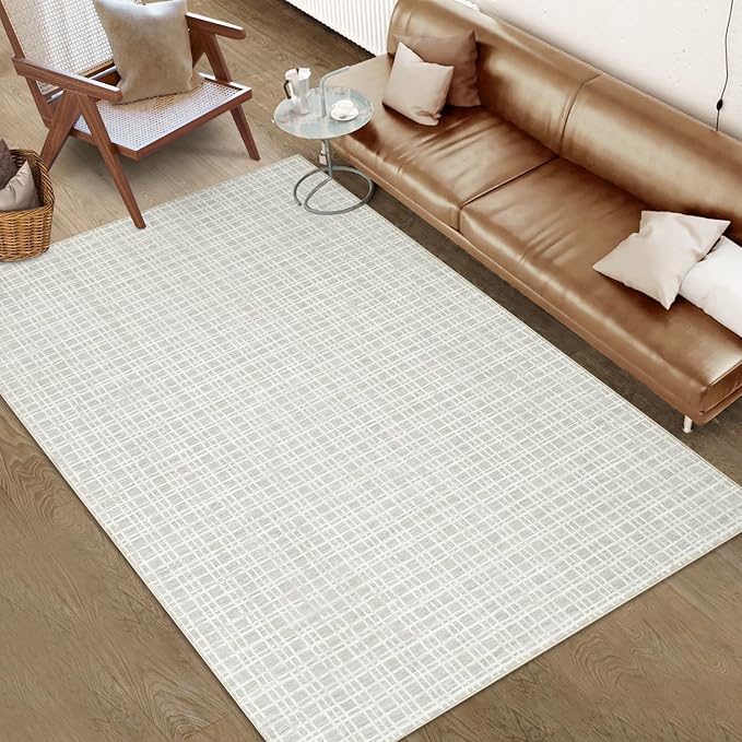 Washable Area Rug 9x12 Rug for Living Room Modern Plaid Large Area Rug for Bedroom Decor Farmhouse Non Slip Throw Rugs Low Pile Stain Resistant Carpet for Office Dining Room 9'x12' Light Grey