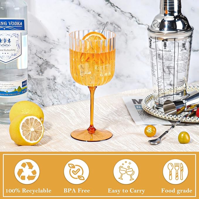 48 PCS Plastic Ribbed Wine Glasses 11oz Clear and Amber Detachable Wine Goblet Unbreakable Vintage Ripple Water Goblets Cocktail Drinking Cups for Parties Weddings Poolside Outdoors