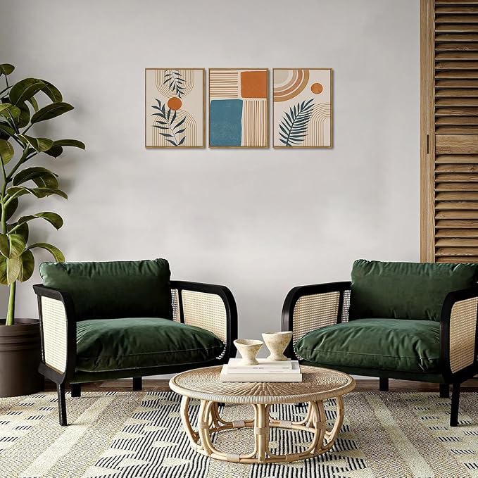 Bwodke Framed Boho Canvas Wall Art Mid Century Modern Prints Set of 3 Neutral Geometric Line Leaf Paintings Decor Minimalist Abstract Pictures Bedroom Living Room Bathroom