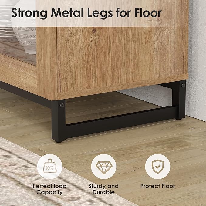 WAMPAT 3 in 1 Modern Sideboard with Adjustable Shelves and Drawer,Storage Cabinet with Glass Doors, Coffee Bar Cabinet for Living Room, Kitchen, Oak