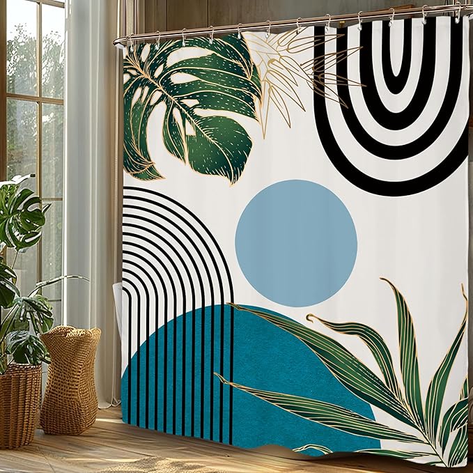 Miyotaa Abstract Teal Blue Shower Curtain Set 60Wx71H Inches Minimalist Aesthetic Modern Contemporary Geometric Plant Polyester Waterproof Cloth Bathroom Curtain with 12 Hooks
