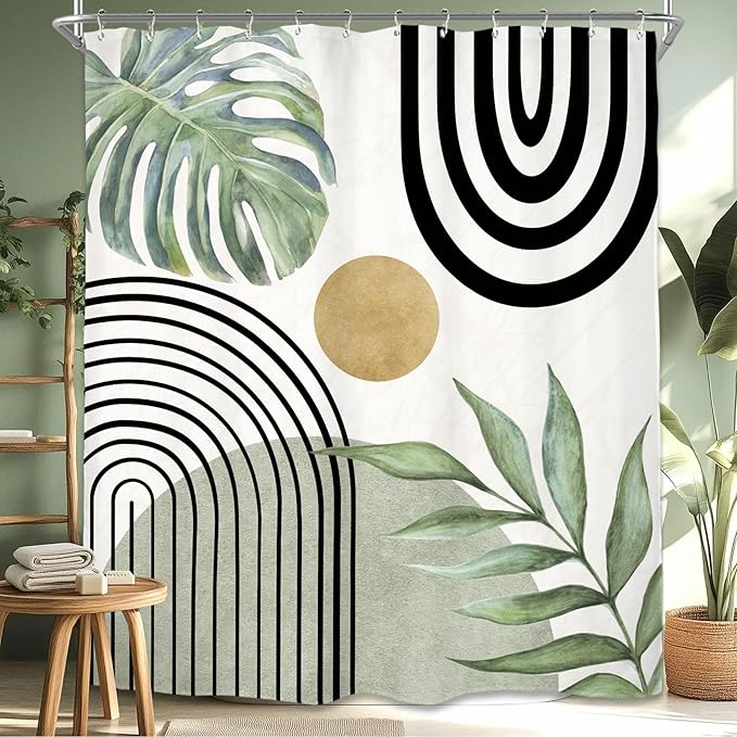 Miyotaa Abstract Light Sage Green Shower Curtain Set 60Wx71H Inches Minimalist Aesthetic Modern Contemporary Plant Leaves Neutral Monstera Mid Century Waterproof Bathroom Curtain with 12 Hooks
