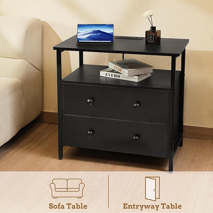 27 inch Wide Night Stand Set 2 with Charging Station, Bedside Table with Open Shelf, 2 Drawers Small Wood Dresser, Modern Wood Nightstand for Bedroom/Living Room (Black)