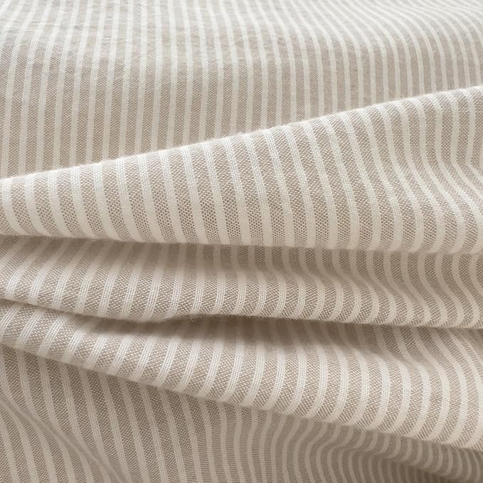 mixinni Tan Striped Duvet Cover Queen Size - 100% Washed Cotton Beige Pinstripe Comforter Cover with Zipper Closure, Lightweight & Breathable, 3 Pieces Minimalist Stripes Pattern Printed Bedding Set