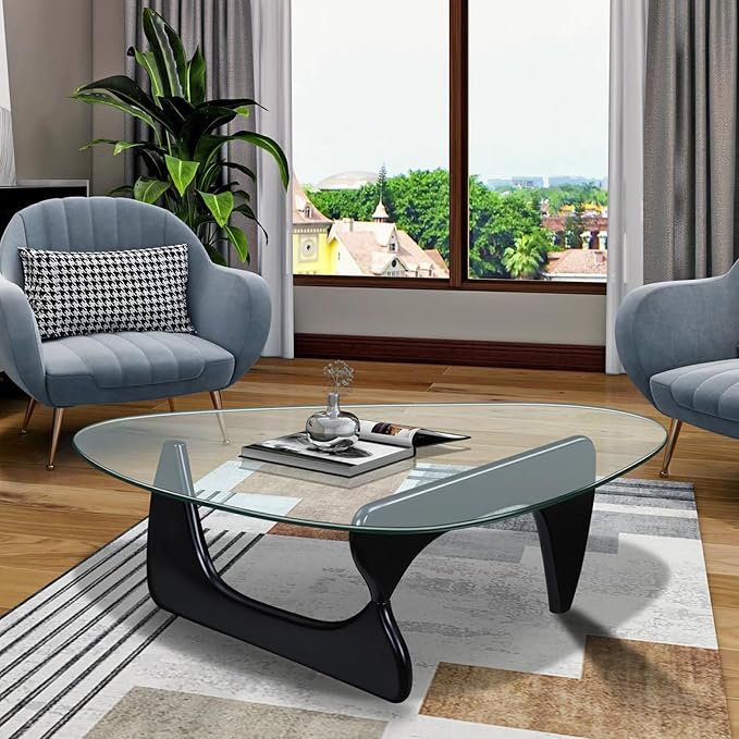 35.8" Modern Coffee Table, Triangle Tempered Glass & Sturdy Solid Legs, Mesa de Centro para Sala for Living Room Home Office