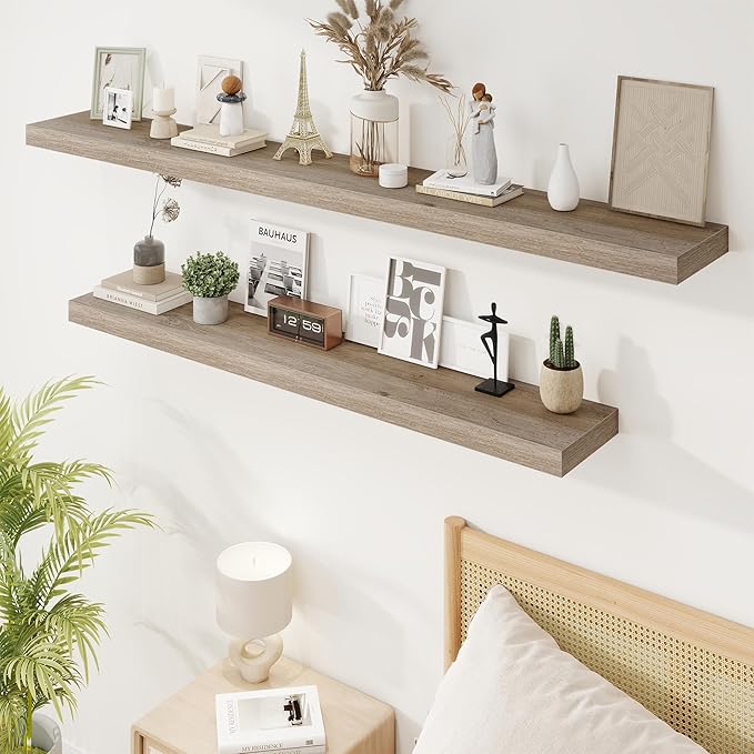72in Floating Shelves for Wall, 72"W x 9.25"D x 1.5"H, Long Wall Mounted Engineered Wood Shelves with Invisible Brackets for Living Room, Bedroom, Bathroom, Kitchen Decor and Storage, Grey