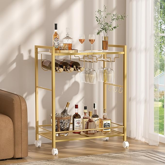 Bar Cart, Home Bar Serving Cart with 2-Tier Shelf,Rolling Beverage Cart with Wheels,Mobile Kitchen Shelf,Modern Wine Drink Cart with Wine Rack and Glass Holder for Kitchen,Dinning Room,Gold