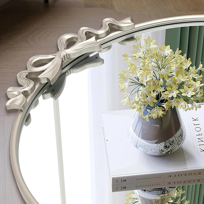 Besdomus Vintage Arched Wall Mirror: 24"x36" Large Champagne Silver Antique Bow Wall Mounted Mirror - Baroque Traditional Ornate for Entryway/Fireplace/Bathroom/Hallway - Wall Decor for Housewife