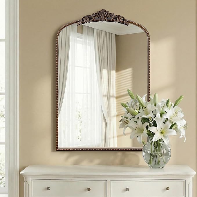 Micasso Traditional Ornate Bronze Mirror: 24"x36" French Baroque Antique Mirror - Decorative Vintage Arched for Wall/Bathroom/Entryway/Hallway/Living Room - Home Decor for Bathroom