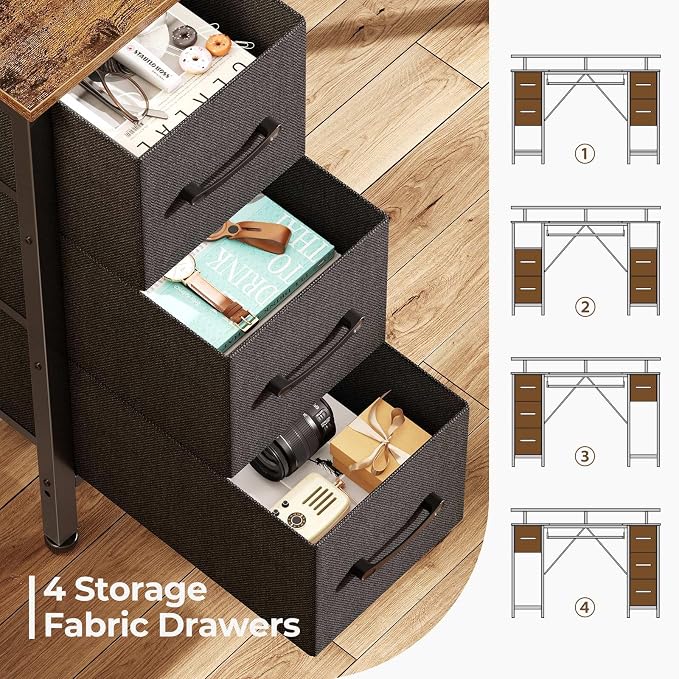 Seventable Computer Desk 55.1" with LED Lights & Power Outlets, Home Office Desk with 4 Drawers, Writing Desk with Keyboard Tray, Study Table with Monitor Stand, Work Table for Office, Rustic Brown