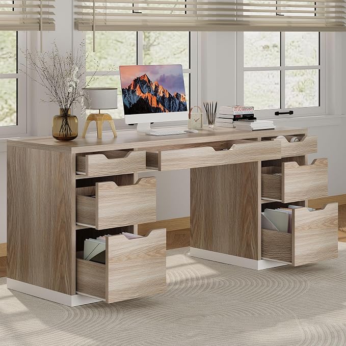 MaverickFurni 54 Inch Computer Desk with Storage Drawers, Executive Desk with 7 Drawers for Bedroom, Office Desk with File Cabinet for Work Study Writing, Small Spaces, White and Walnut