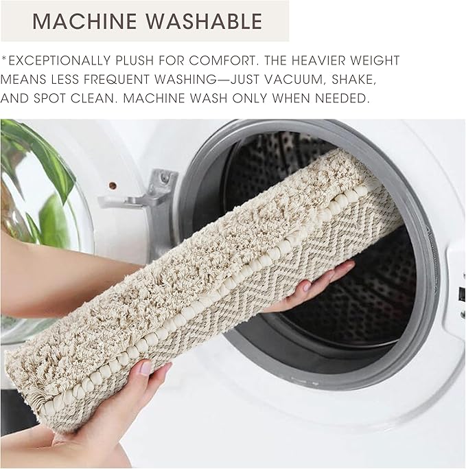 Ink+Ivy Bath Rug Hand-Woven Texture Shaggy Striped Soft & Water Absorbent, Boho Bathroom Décor Bath-Mats, Non-Slip Absorbent Quick Dry Mats for Tub, Shower Room, Asher, 22x58 Natural