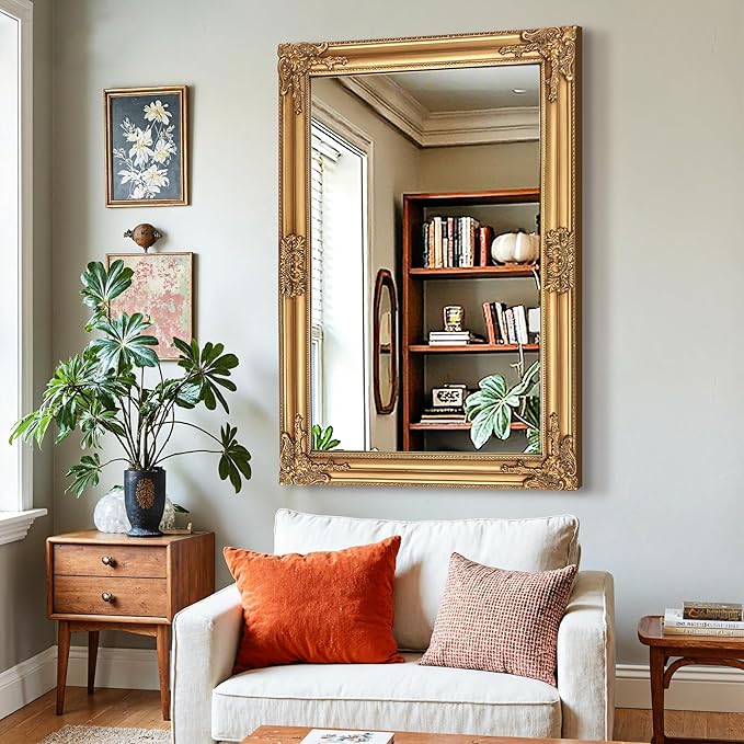 Vintage Gold Mirror for Wall, 30"x45" Antique Decorative Baroque Mirror with Imitation Metal Frame, Ornate Decorative Wall Mirror Decor for Entryway, Fireplace, Living Room, Hallway