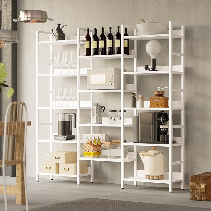 IRONCK Bookcases and Bookshelves Triple Wide 5 Tiers Industrial Bookshelf with Baffles Large Etagere Bookshelf with Metal Frame for Living Room Home Office