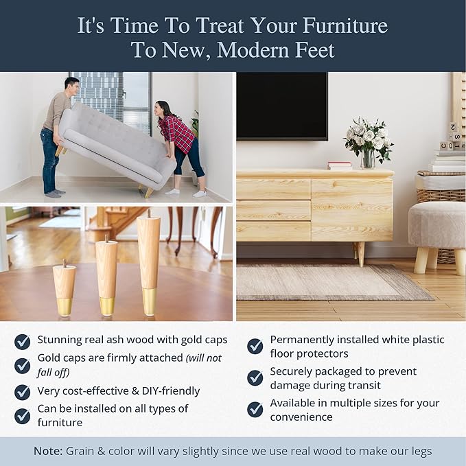 Premium Ash Wood Furniture Legs with Gold Caps (Full Install Kit) - Pick Your Size and Color