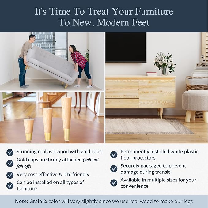 Airy Abode Premium Ash Wood Furniture Legs with Gold Caps (Full Install Kit) - Pick Your Size and Color