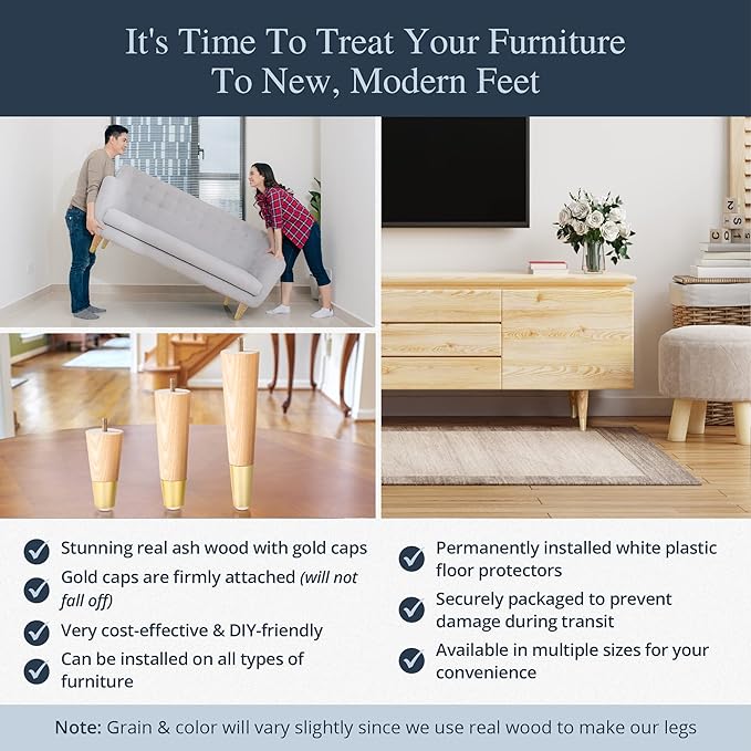 Airy Abode Premium Ash Wood Furniture Legs with Gold Caps (Full Install Kit) - Pick Your Size and Color