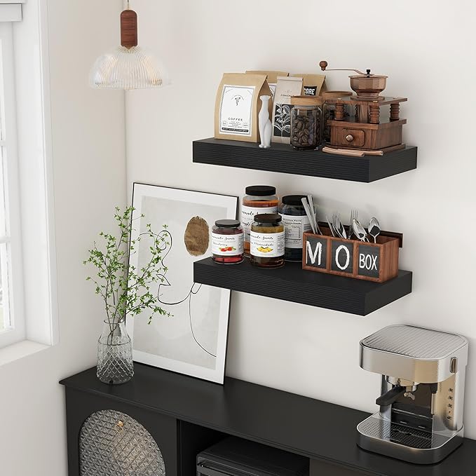Deep Floating Shelves | 24 Inch Black Floating Shelves Set of 2 | 12 Inch Deep Rustic Wood Shelves for Wall | 24" W x 12" D Black Shelves for Living Room Bathroom Laundry Room Kitchen