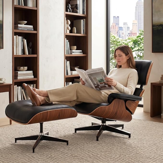 Mid-Century Modern Lounge Chair and Ottoman Set, PU Leather Accent Chair with Wood Finish, Modern Chair Classic Design Recline Swivel Reading Chair Heavy Duty Base Support for Living Room, Office