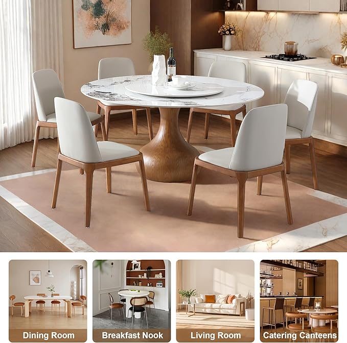 Montary 7 Piece Modern Dining Table Set of 6, Round 53" D Faux Marble Dining Table with Lazy Susan, Sintered Stone Top and Wood Base Dining Room Table with 6 Dining Chairs