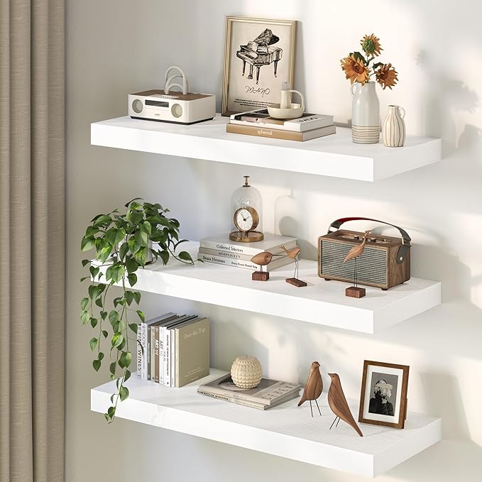 Fun Memories 72 Inch Floating Shelves, 12 Inch Deep Wall Shelf for Fireplace Mantel, Deep Storage Shelves for Home & Office, Long Floating Shelf with Invisible Bracket, White, Set of 2
