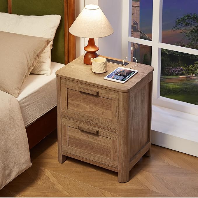 Farmhouse Nightstand Set of 2 with Charging Station, End Tables Bedroom with 2 Large Drawers & 4 Thickened Table Legs, Dark Wood