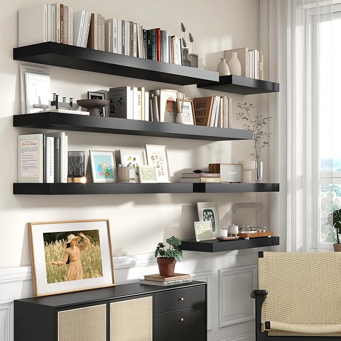 12 Inch Deep Floating Shelves | 55 Inch Black Floating Shelves | 55" W x 12" D Rustic Wood Shelves for Wall | Deep Black Shelves for Living Room Bathroom Laundry Room Kitchen