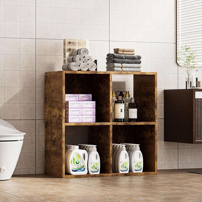 COMHOMA 4 Wood Cube Storage Organizer with Open Back and Removable Back Panels, 11In Brown Cube Storage Bookshelf, Cubicle Shelf Bookcase for Home Office Bedroom Living Room, Vertical or Horizontal