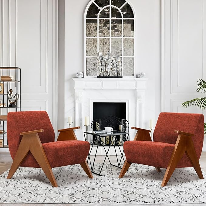 Home Accent Chair Mid Century Modern Accent Chair with Wood Frame, Lounge Upholstered Armchair, Reading Chair, Sturdy Base,For Living Room, Bedroom,Office,Comfy Guest Waiting Room Chairs,Orange