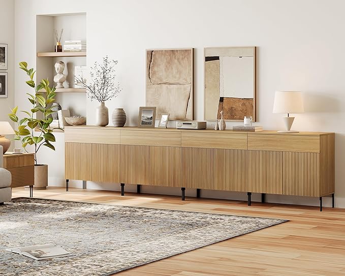 WAMPAT 126" W Large Sideboard Buffet Cabinet with Storage,4 in 1 Fluted Sideboard Buffet with 8 Doors, Wooden Buffet Table, Coffee Bar Wine Bar Cabinet for Kitchen, Dining Room, Living Room, Oak