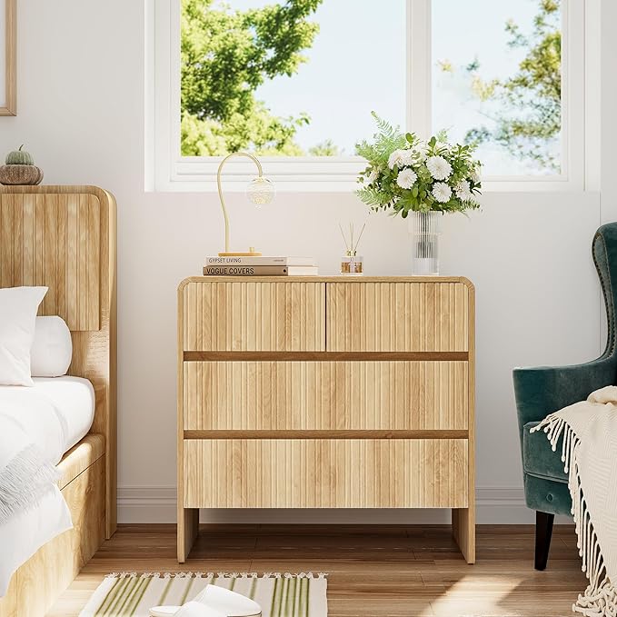BERRYMERRY Flute 3 Drawer Dresser,31.5" Wide Dresser Nightstand for Bedroom,Mid Century Modern Wood Chest of Drawer with Curved Profile,Large Nightstand with 3 Drawer for Closet